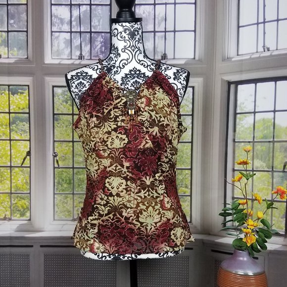 💖💖2 FOR $20💖💖 E BY ECI SLEEVELESS BEADED BURGUNDY & SAGE TOP (M) - Picture 1 of 9